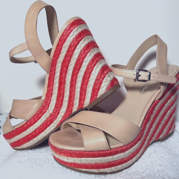 Via Spiga-Women's Wedge Straw Coral & Tan Leather Sandals-4" Heels-Sz. 7M-Unique - Picture 2 of 10